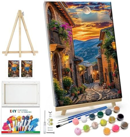 JOOZ Paint by Numbers Kit for Adults Landscape Paint by Number with Frame Town Street Paint by Number with Easel Moon Oil Painting Kits for Gift Home Wall Decor 7.87x11.81 Inch by Jooz