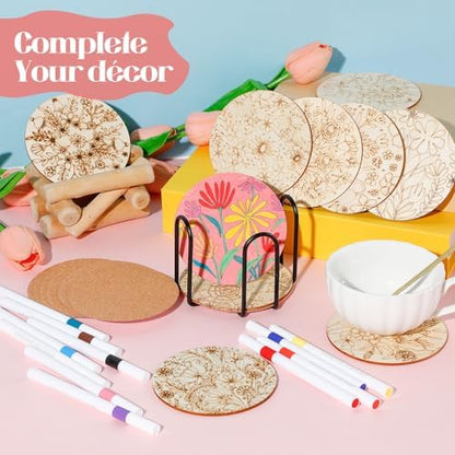 Reallnaive 45 Pcs Wooden Coaster Painting Kit, 10 Boho Flower Coasters - Image 6