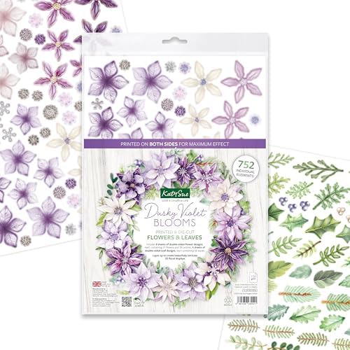 Katy Sue Dusky Violet Blooms, Die Cut Flowers & Leaves Pack. 12 Sheets of Pre-Cut Double-Sided Paper Flowers & Leaves in a Purple Colorway from Card Making Supplies. UK-Made. - Image 2