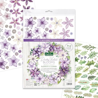 Katy Sue Dusky Violet Blooms, Die Cut Flowers & Leaves Pack. 12 Sheets of Pre-Cut Double-Sided Paper Flowers & Leaves in a Purple Colorway from Card Making Supplies. UK-Made. - Image 2