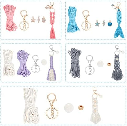 INFUNLY 5 Set Ocean Themed Macrame Kit for Adults DIY Macrame Wristlet Keychain Kits Macrame Boho Keychain with Tassels Cotton Cord Instruction for Car Key Purse Phone Wallet Charm - Image 6