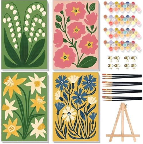 4 Pack Flower Paint by Numbers for Adults with Framed Canvas - Wooden Easel by xackcme