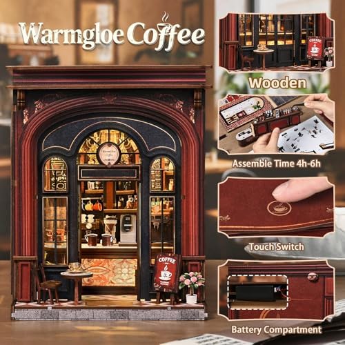 Book Nook Kit, DIY Miniature House Kit for Adult and Teens, 3D Wooden Puzzle Booknook Bookshelf Decor with LED Lights, Gift for Family, Friends, Age 14+ (Warmglow Coffee House) - Image 2