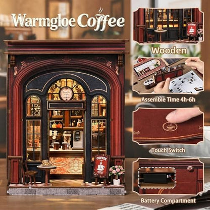 Book Nook Kit, DIY Miniature House Kit for Adult and Teens, 3D Wooden Puzzle Booknook Bookshelf Decor with LED Lights, Gift for Family, Friends, Age 14+ (Warmglow Coffee House) - Image 2