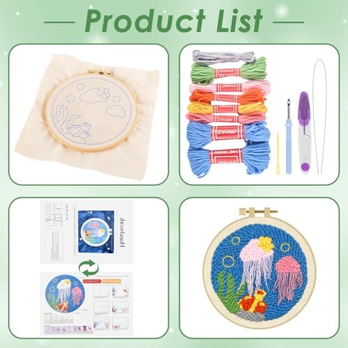 ERKOON Punch Needle Kit Adults Beginners, DIY Easy Ocean Embroidery Set for Starter Art Craft, Needling Punch Project with Patterns, Tools, Yarns, Hoop, Instruction (Jellyfish) - Image 2