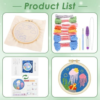 ERKOON Punch Needle Kit Adults Beginners, DIY Easy Ocean Embroidery Set for Starter Art Craft, Needling Punch Project with Patterns, Tools, Yarns, Hoop, Instruction (Jellyfish) - Image 2