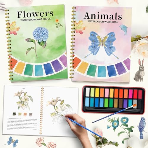 Watercolor Workbook - Coloring Book Beginner Friendly Painting Kit, Watercolor Workbooks for Adults, Exploration Gift for Adults Teens (Flowers-Animals, 24 Color Palette) by Cbcmpica