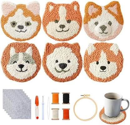 Starter Needle Coasters Kit, Punch Needle Embroidery DIY Set for Beginners Adults, Easy Coasters Kit with Adhesive Felt, Yarns, Embroidery Hoop (Yellow Dog) by yesJRL