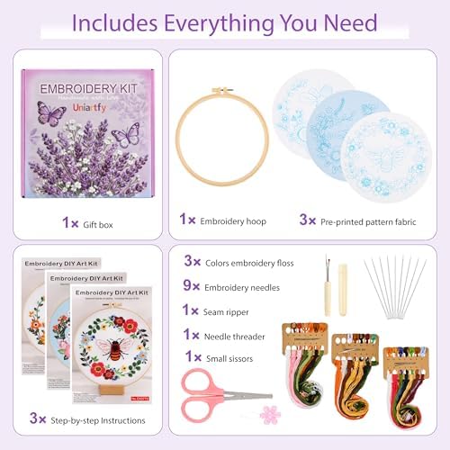 Uniartfy 3 Pack Bee Flower Embroidery Kits for Beginners, Cross Stitch Kit for Adults, DIY Needlepoint with Embroidery Hoop, Tools, Easy to Learn Video & Instructions, Hand Embroidery Starter Kit - Image 2