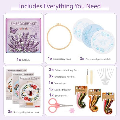 Uniartfy 3 Pack Bee Flower Embroidery Kits for Beginners, Cross Stitch Kit for Adults, DIY Needlepoint with Embroidery Hoop, Tools, Easy to Learn Video & Instructions, Hand Embroidery Starter Kit - Image 2