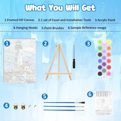 MAXBYE Lighthouse Framed Paint by Numbers Kits for Adults with Wooden Easel, Easy DIY Adult Paint by Number Kits on Canvas, Paintings Kit for Beginners Gift Home Wall Garden Decor 10×14 Inch - Image 6