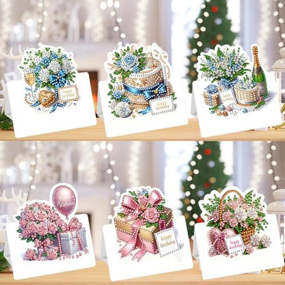 jinglinhh 6pcs Diamond Art Painting Birthday Flower Cake Greeting Cards with Envelopes, DIY Card Making Kits for Adults, Diamond Art Postcards Christmas Cards Craft Gifts - Image 5