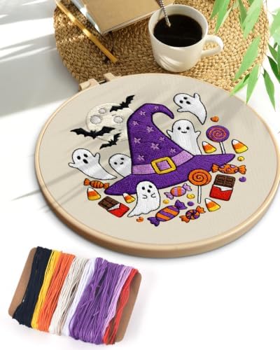 TINDTOP Halloween Embroidery Kit for Adult, Embroidery DIY Starter Kit, with Stamped Patterns, Hoop, Tools, Colorful Threads with Needles, Instructions (Halloween C) - Image 7