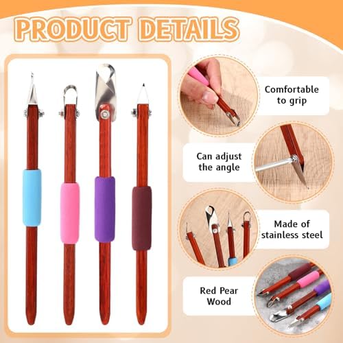Lanties 4 Pcs Pottery Carving Tool Set Sculpture Scraper Craft Modelling Tools Red Pear Wood Texture Handle with Stainless Steel Blade for Clay Carving, Ceramic Sculpting, Graffito (Wonderful Color) - Image 3