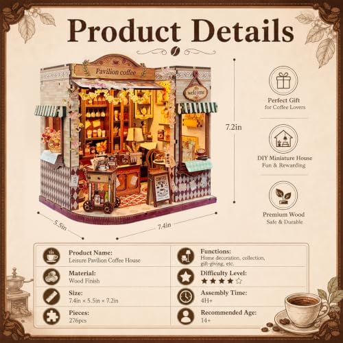 Book Nook DIY Miniature House Kit, 3D Wooden Puzzle Coffee House Dollhouse with Light & Tools, Creative Bookshelf Insert Craft Gifts for Adults Teens (Pavilion Coffee House) - Image 2