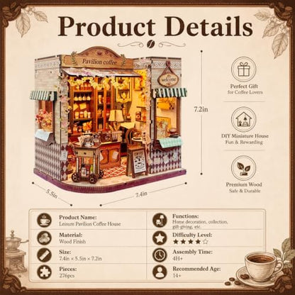 Book Nook DIY Miniature House Kit, 3D Wooden Puzzle Coffee House Dollhouse with Light & Tools, Creative Bookshelf Insert Craft Gifts for Adults Teens (Pavilion Coffee House) - Image 2