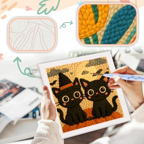 SDOYUNO Punch Needle Kit with Frame for Adults Beginners Kits 9.84 x 9.84 Inch Embroidery Starter Kits Punch Needle Kit with Cat Pattern, Threader, Yarns, Rug Punch, DIY Craft Kits (Beige) - Image 4