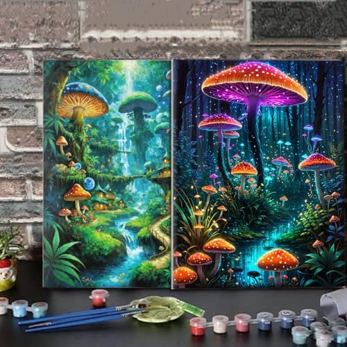 Lovepefe Mushroom Paint by Numbers Kit for Adults and Kids Beginner 2 Pack Mushrooms Forest Adult Paint by Number Kits On Canvas DIY Oil Painting Kits for Gift Wall Decor 12x16 Inch - Image 3
