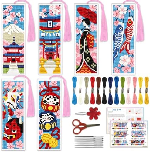 ACRNIGHEET 6PCS Cross Stitch Bookmark Kit for Beginner Stamped Cross Stitch Kits for Adults Japanese DIY Tassel Embroidery Bookmark Kits Needlepoint Kit with Instructions Craft Gift 8.5''x3'' 11CT by ACRNIGHEET