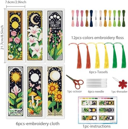 INFUNLY 6PCS Moon Flower Cross Stitch Bookmark Kit 3x8.5 Inch Botanical Stamped Embroidery Bookmark Kits with Moon Rose Lily Mushroom Needlepoint Bookmark Kit with Instruction for Book Lovers Readers - Image 2