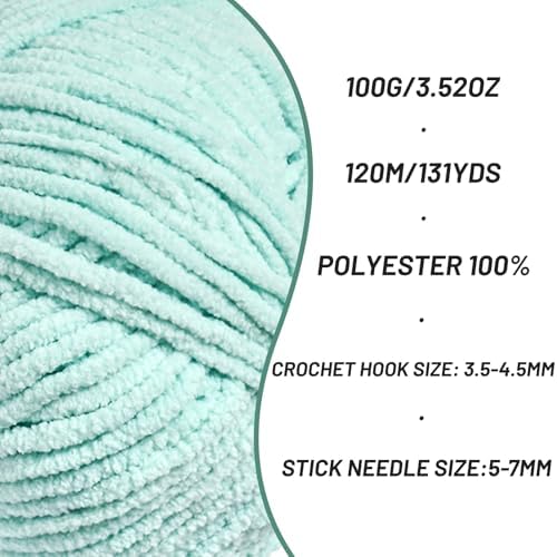 Plush Chunky Chenille Yarn for Crocheting, Soft Fluffy Velvet Yarn for Crocheting, Fuzzy Baby Blanket Knitting Yarns, 100g/131yds Bulky Amigurumi Yarns（Aqua Green） - Image 2