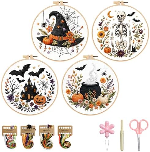 Halloween Embroidery Kit, Skeleton Cross Stitch Kits, 4 Set Craft Kits for Beginners with Pre-Printed Embroidery Fabric, Hoops, Step-by-Step Instructions, Color Threads & Needles (Halloween-4 Set) by BBLYBD