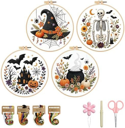 Halloween Embroidery Kit, Skeleton Cross Stitch Kits, 4 Set Craft Kits for Beginners with Pre-Printed Embroidery Fabric, Hoops, Step-by-Step Instructions, Color Threads & Needles (Halloween-4 Set) by BBLYBD