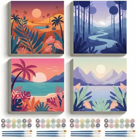 Amphol 4 Pack Framed Paint by Numbers Kit for Adults - Easy Landscape Silhouettes DIY Acrylic Paint by Number on Framed Canvas for Beginners, Relaxing Arts, Great for Home Wall Decor Gift 10"x10" by Amphol