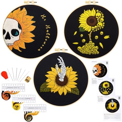 Halloween Gothic Embroidery Kits for Beginners Adults, Skull Hand Embroidery Needlepoint Kits, Sunflower Stamped Cross Stitch Kits for Beginners Adult, 3 Set Embroidery Hoops (Attached Video Tutorial) by Armindou