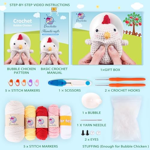 Crochetta Crochet Kit for Beginners, Squeeze Bubble Amigurumi Crocheting Kits w Step-by-Step Video Tutorials, Knitting Starter Supplies for Adults Kids, Anxiety Relief Bubble Chicken (40%+ Yarn) - Image 2