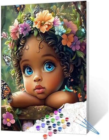 DIY Paint by Numbers for Adults Little Girl with Bright Eyes Painting Acrylic Paint DIY Oil Painting African Girl with Flowers Painting Kits Canvas Art Living Room Decor 16x20 Inch（Without Frame ） by TUMOVO