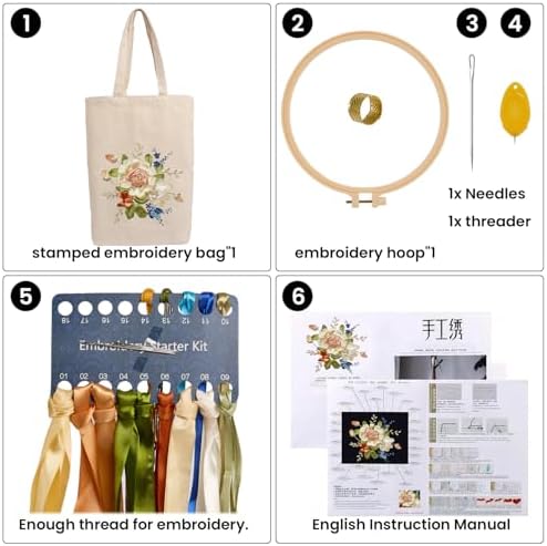 CREAWONDER Canvas Tote Bag Embroidery Kit with Pattern for Beginners, Arts and DIY Embroidery Crafts Kits for Adults, Include Instructions, Embroidery Hoops, Color Threads and Tool - Image 4