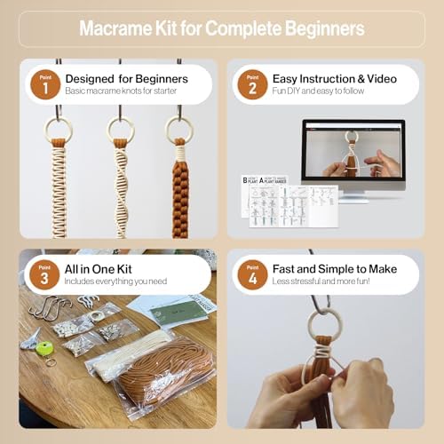 Macrame Kits for Beginners, 3 Set of Plant Hangers DIY Kit: Braided Polyester Ropes 50yds*5mm Burnt Orange, 20yds*2mm Ivory, 60+Pcs Supplies with Step-by-Step Easy Instructions (ORIV) - Image 4