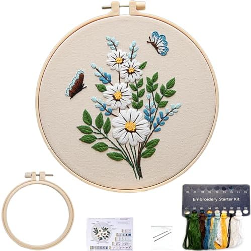 FONNUY Embroidery Kit for Beginners，Plants Flowers Pre-Stamped Pattern Kits for Adults with Hoop, Easy to Follow Needlework (Butterfly Flower) by FONNUY