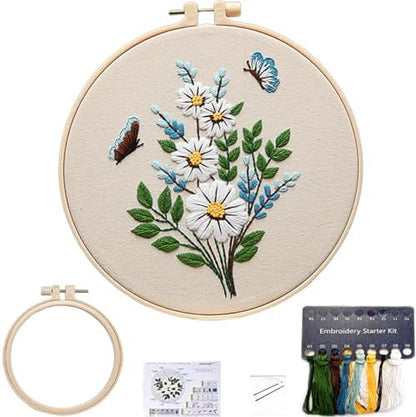 FONNUY Embroidery Kit for Beginners，Plants Flowers Pre-Stamped Pattern Kits for Adults with Hoop, Easy to Follow Needlework (Butterfly Flower) by FONNUY