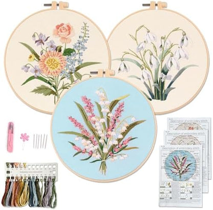 Myfelicity Embroidery kit for Adults and Beginners, Includes 3 Floral Pattern Fabrics, 3 Embroidery Hoops, Embroidery Floss and Other Tools. by Myfelicityembroiderykit
