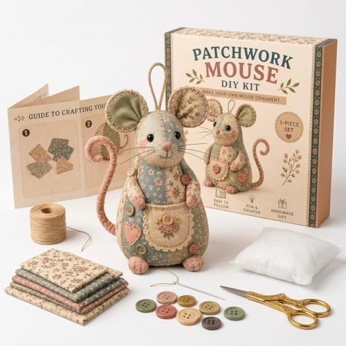 OZSZN Patchwork Mouse DIY Kit – Handmade Sewing Craft Set with Buttons & Fabric, Cute Mouse Ornament for Adults Beginners, Creative Animal Craft Project (W) by Unknown