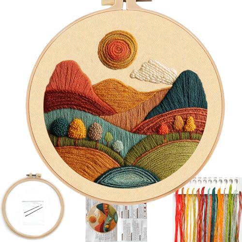 FONNUY Embroidery Kit for Beginners, Textured Vibrant Nature Landscape Pre-Stamped Pattern Kits for Adults with Hoop, Easy to Follow Color Thread Needlework, 8'' Hoop (Red 2) by FONNUY