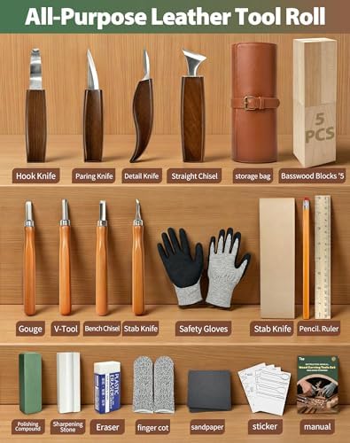 T98 28Pcs Wood Carving Kit, 8 Carving Knives Templates Leather Bag Gift - Image 2