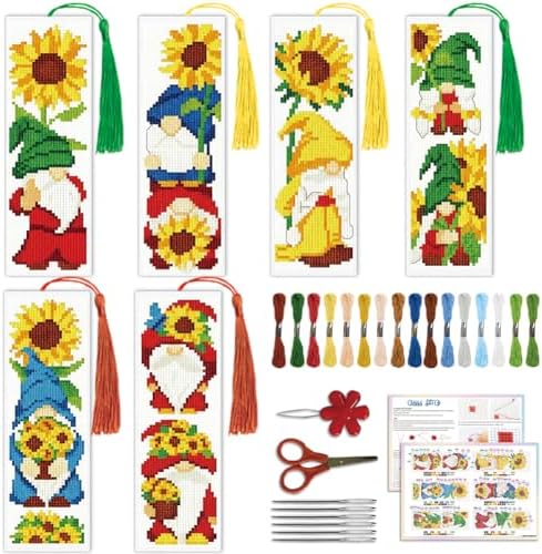 ACRNIGHEET 6PCS Cross Stitch Bookmark Kit for Beginner Gnome Stamped Cross Stitch Kits Needlepoint Kit for Adults DIY Tassel Embroidery Bookmark Kits with Instructions Craft Gift 8.5"x3" 11CT by ACRNIGHEET