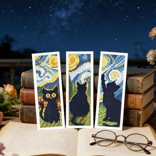 ORIGACH 6 Set Black Cat & Starry Night Cross Stitch Bookmark Kit - Image 5