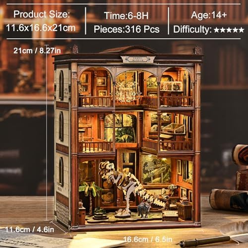 Dinosaur Museum Book Nook Kit - 3D Wooden Puzzle & DIY Miniature Dollhouse with LED Warm Light | Vintage Bookshelf Insert & Sturdy Bookends | Premium Creative Gift for Adults& Book Lovers - Image 4