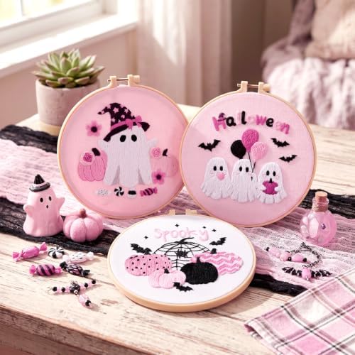 Mindsoft 3 Set Needlepoint Kit for Beginners with Hoop,Pink Halloween - Image 2