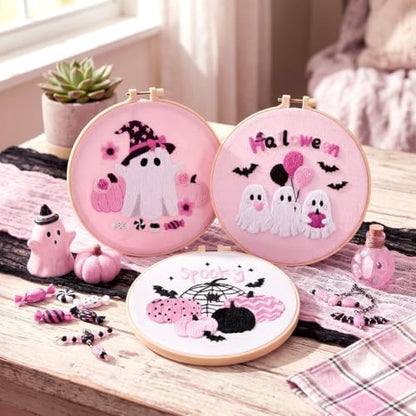 Mindsoft 3 Set Needlepoint Kit for Beginners with Hoop,Pink Halloween - Image 2