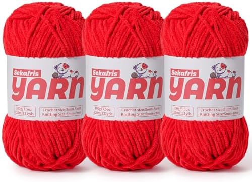3 Pack Plush Chunky Chenille Yarn for Crocheting, Soft Fluffy Velvet Yarn for Crocheting, Fuzzy Baby Blanket Knitting Yarn, 300g/393yds Bulky Amigurumi Yarns（3 Red） by Sekafris