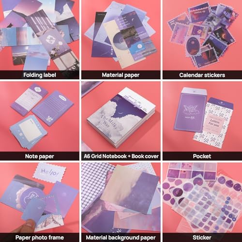 Scrapbook Photo Album Supplies Kit with Tweezers and Glue Tape – Romantic Stationery Aesthetic Junk Journal Kit, Scrapbooking Paper, Sticker Pack, Notebook, DIY Craft, Gift for Teen Women (Monnlight) - Image 5
