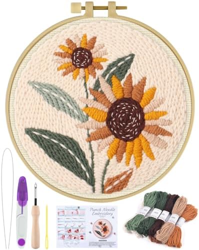 ERKOON Punch Needle Kit Beginners Adults, DIY Easy Flower Embroidery Set for Starter Art Craft, Needling Punching Project with Patterns, Tools, Yarns, Hoop, Instruction (Sunflowers) by ERKOON