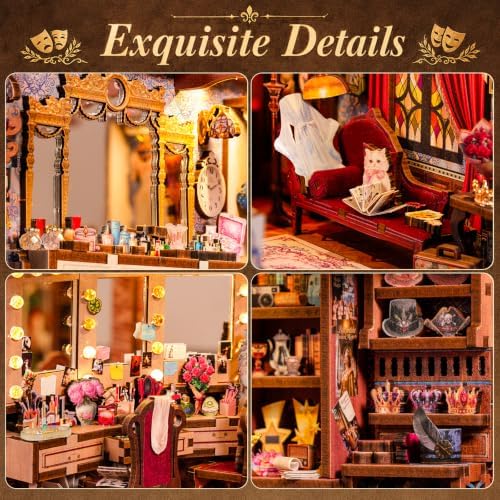 fifijoy Book Nook Kit Theater Dressing Room - DIY Miniature House 3D Wooden Puzzle Bookshelf Insert Decor, Vintage Theater Scene Dollhouse Kit for Adults & Book Lovers (with Yellow Light) - Image 2