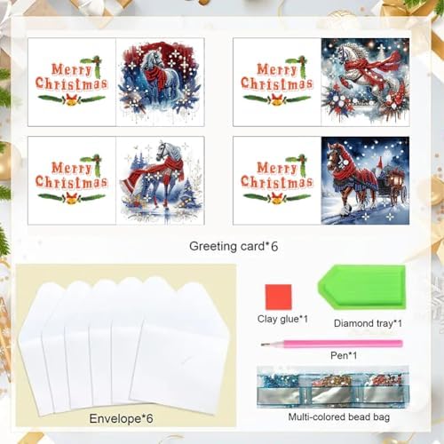 jinglinhh 6pcs Christmas Red Scarf Horse Diamond Art Painting Greeting Cards with Envelopes, DIY Card Making Kits for Adults, Diamond Art Postcards Christmas Cards Craft Gifts - Image 3
