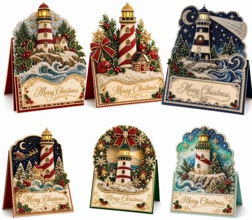 Christmas Diamond Art Greeting Cards Kit for Adults, 6 Pcs DIY Diamond Painting Christmas Cards with Envelopes, 3D Pearl Rhinestone Lighthouse Card Making Craft, Handmade Holiday Gifts by Unknown